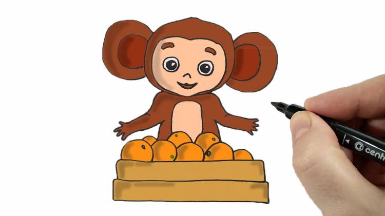 Как нарисовать Чебурашку в ящике с апельсинами