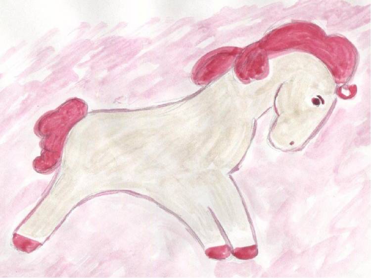 Детский рисунок конь с розовой гривой 