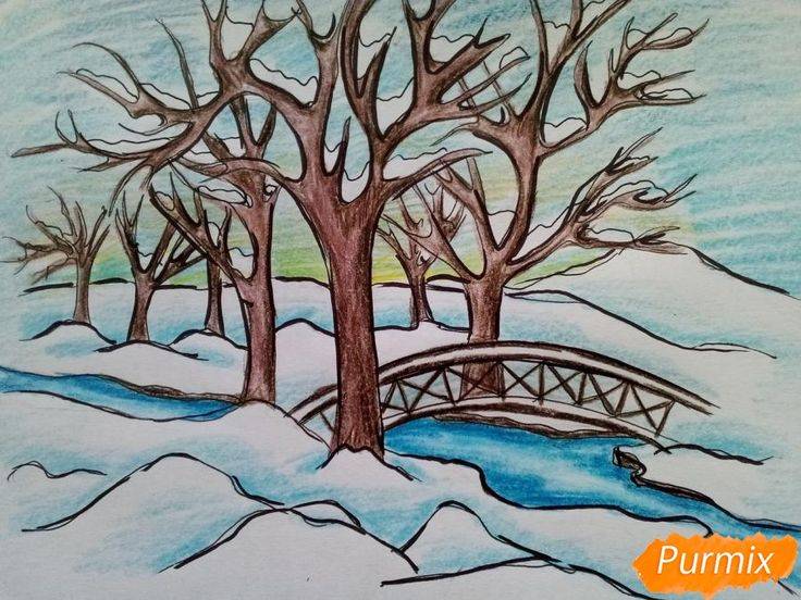 Как нарисовать зимний парк карандашом поэтапно