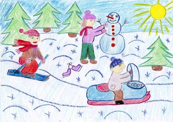 Зимние рисунки для детей с помощью карандашей и красок