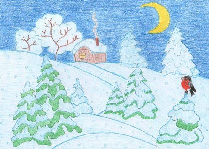 Рисунок встреча зимы цветными карандашами и красками