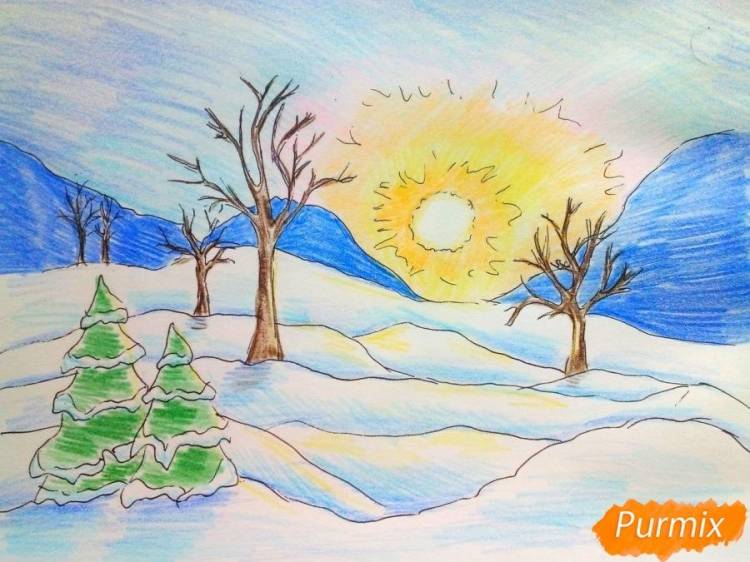 Детские рисунки зимы цветными карандашами легкие 