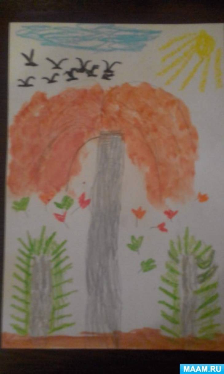 Рисунок цветными карандашами и красками акварель «Золотая осень» 