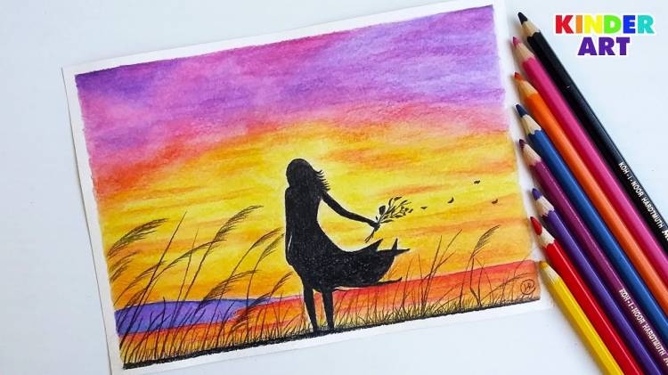 Как нарисовать девушку с цветами на закате акварельными карандашами