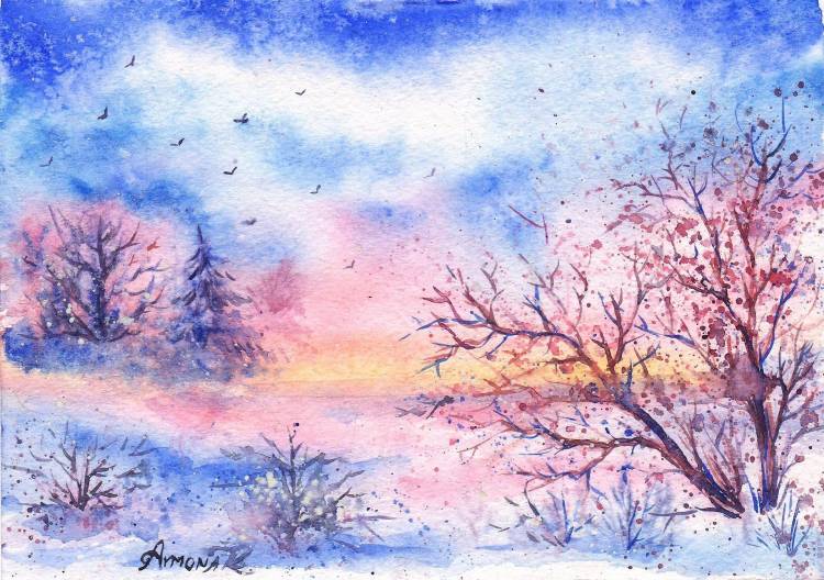 Зимний пейзаж рисунок цветными карандашами