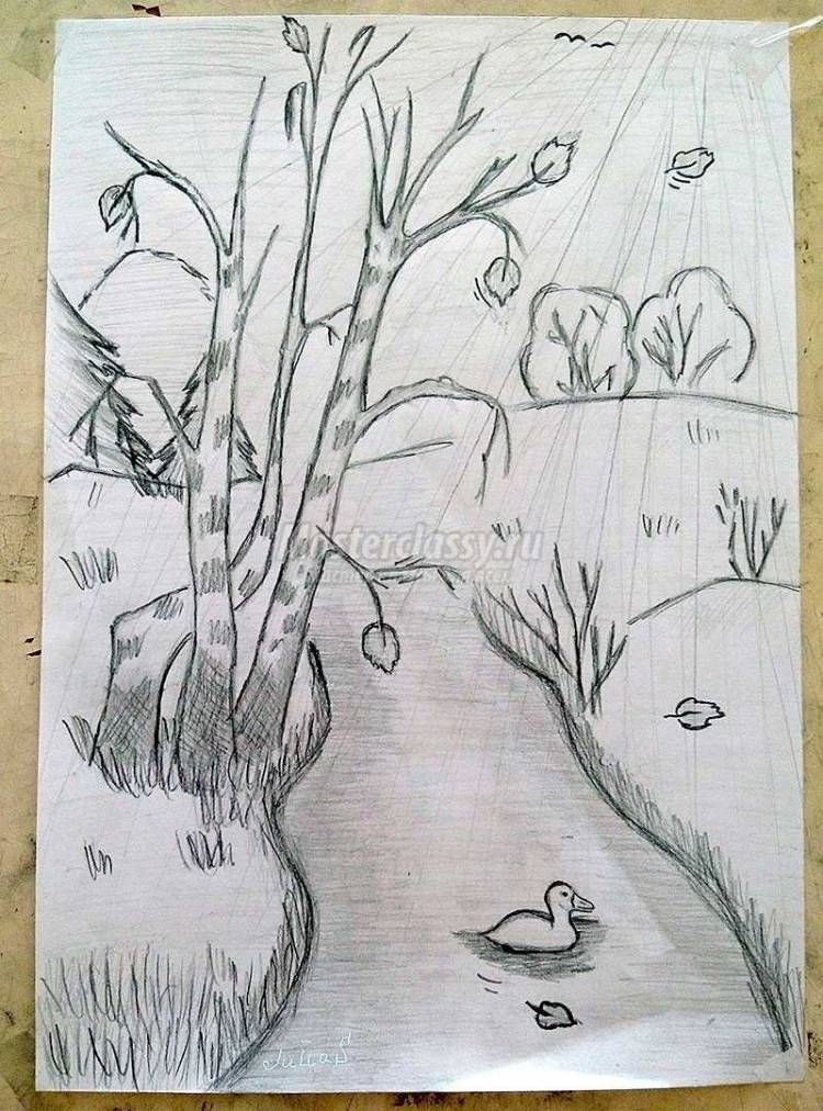 Детский рисунок пейзаж осени карандашом