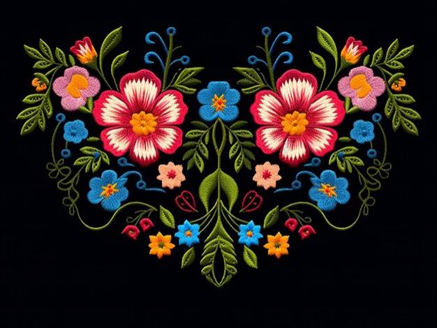 Вышивка выреза горловины простыми цветами вышитый традиционный цветочный узор