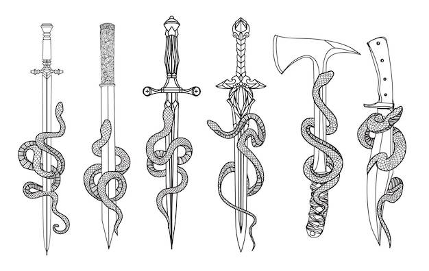 Искусство татуировки змеиный нож и меч рисунок и эскиз черно-белый
