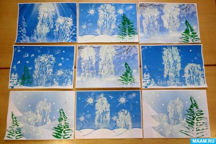 Фотоотчёт о НОД по рисованию красками «Зимний лес» в технике отпечатка листьев 