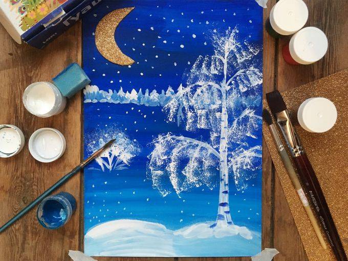 Как нарисовать зимний пейзаж гуашью поэтапно Рисование