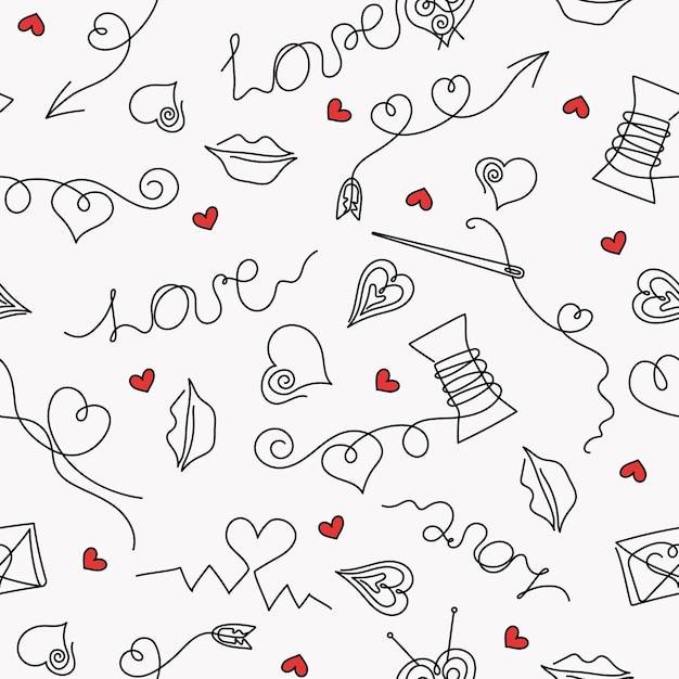 Векторный узор рисунки в стиле линейного искусства иконы сердца с надписью на катушках ниток иллюстрация любовных эмоций