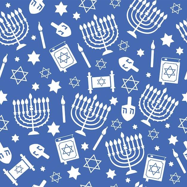 Ханука бесшовный узор с менорой дрейдел свечи звезда давида еврейский праздник голубая текстура bac