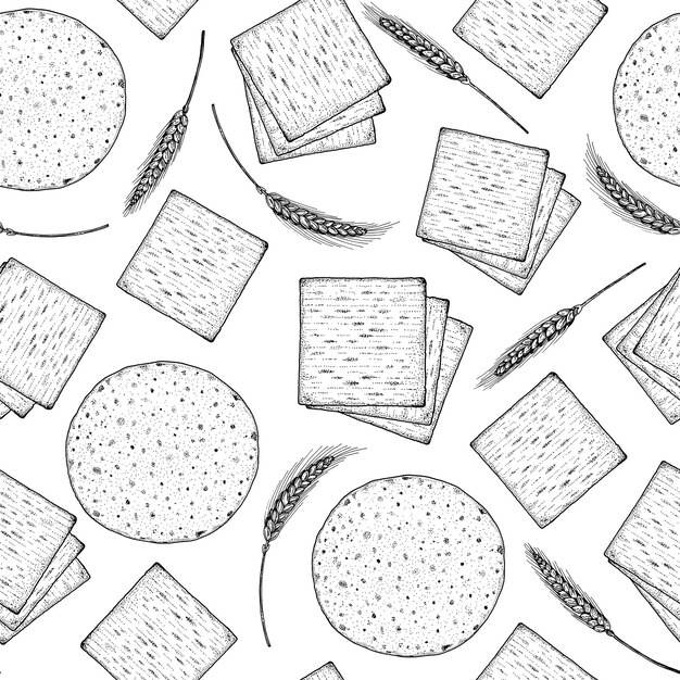Маца бесшовный узор векторная иллюстрация черно-белый рисованный эскиз меню и дизайн упаковки еврейская еда