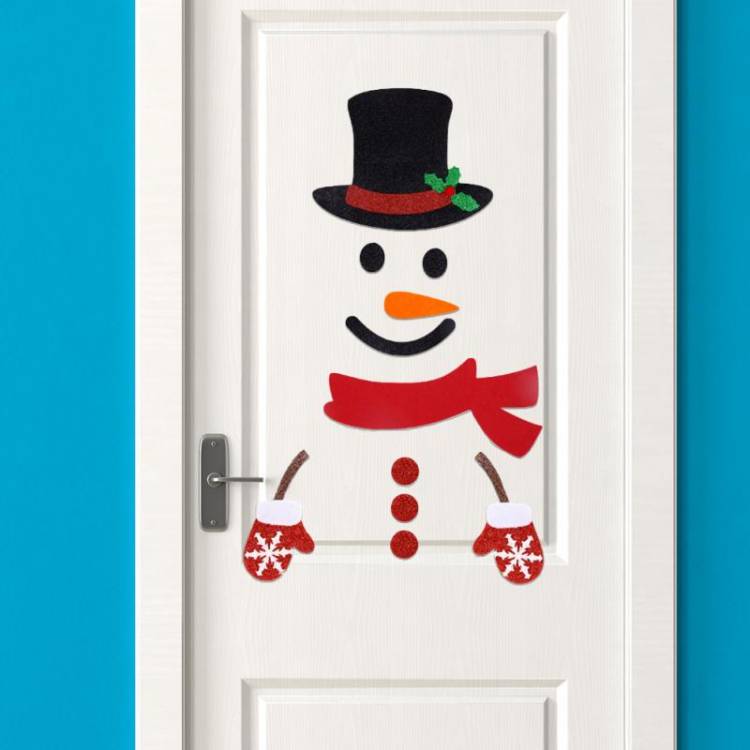 Рождественские наклейки на дверь с клеевой точкой, мультяшный Санта-Снеговик, узор, фетровые тканевые настенные наклейки для дома