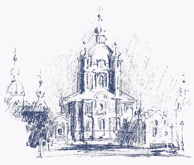 Текстурированный ручной рисунок древнего собора в стиле барокко