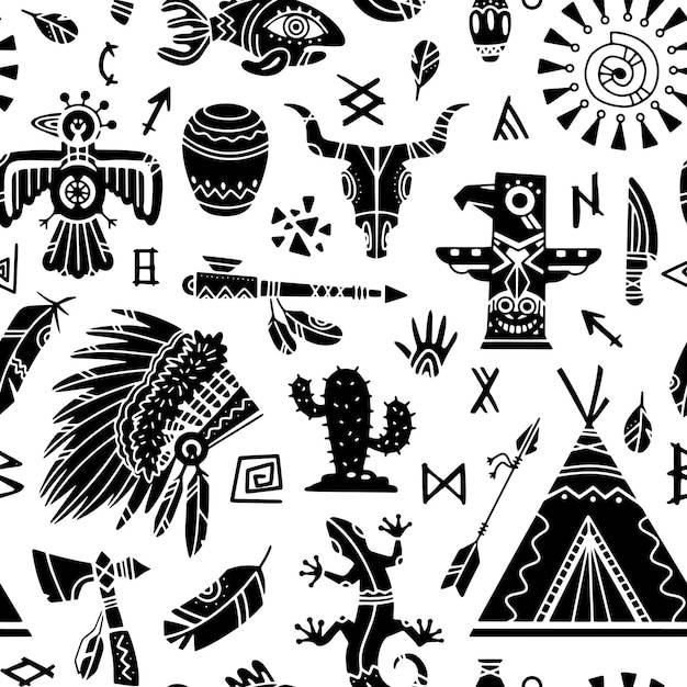 Бесшовный рисунок элементов культуры коренных индейцев вектор