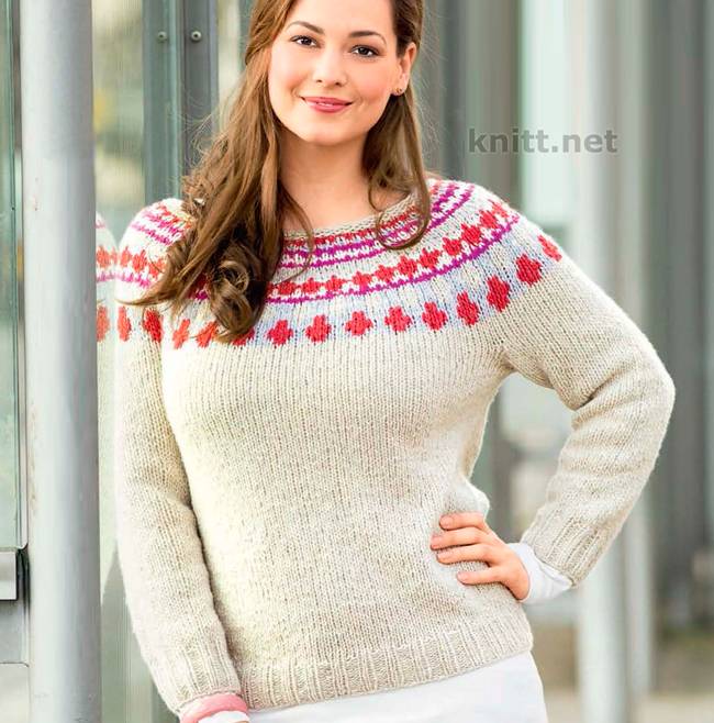 Норвежский вязаный пуловер с круглой кокеткой