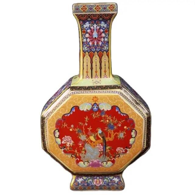 Китайская старая фарфоровая Золотая окрашенная эмалированная квадратная плоская ваза с узором цветов и птиц