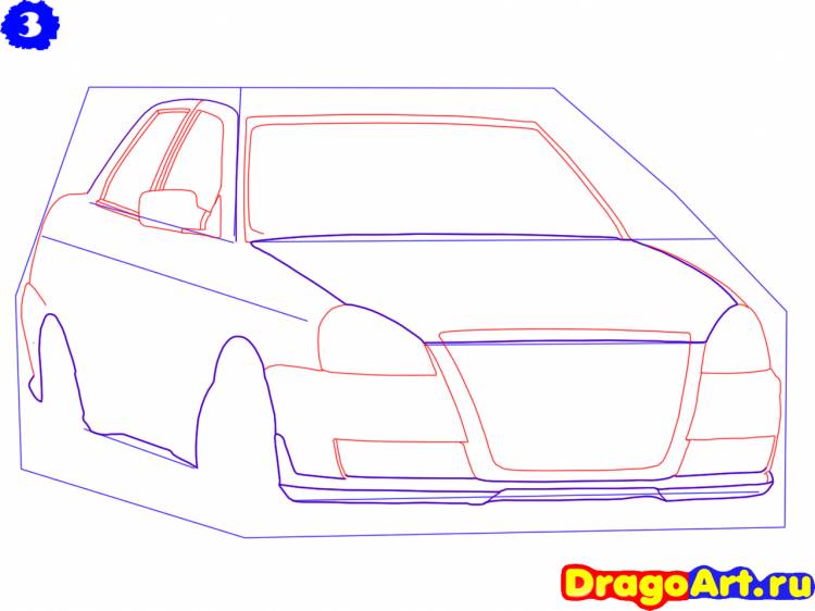 Как нарисовать машину Лада Приора DragoArt поэтапно карандашом