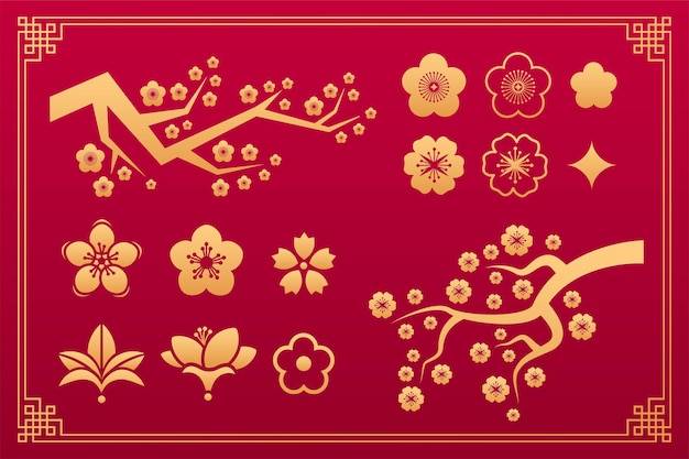 Цветочный китайский узор, восточный орнамент сакуры, азиатские традиционные декоративные золотые элементы