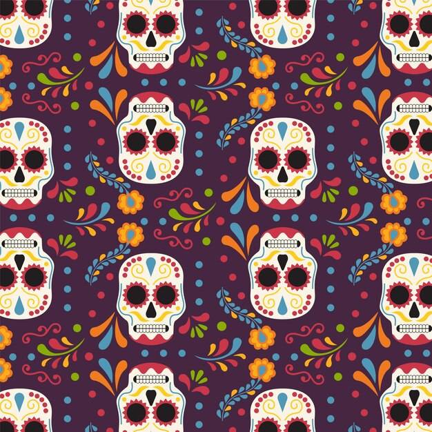 Мексиканский узор с сахарными черепами на день мертвых векторная иллюстрация в плоском стиле