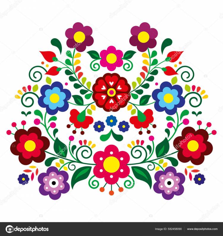 Мексиканский Стиль Народного Искусства Векторный Цветочный Дизайн Ретро Красочный Узор Векторное изображение ©RedKoala