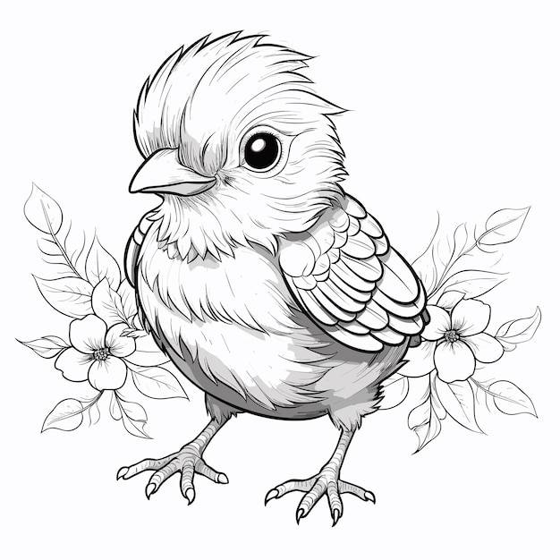 Нарисованная рукой иллюстрация контура птицы милая птица для детей раскраска черно-белая