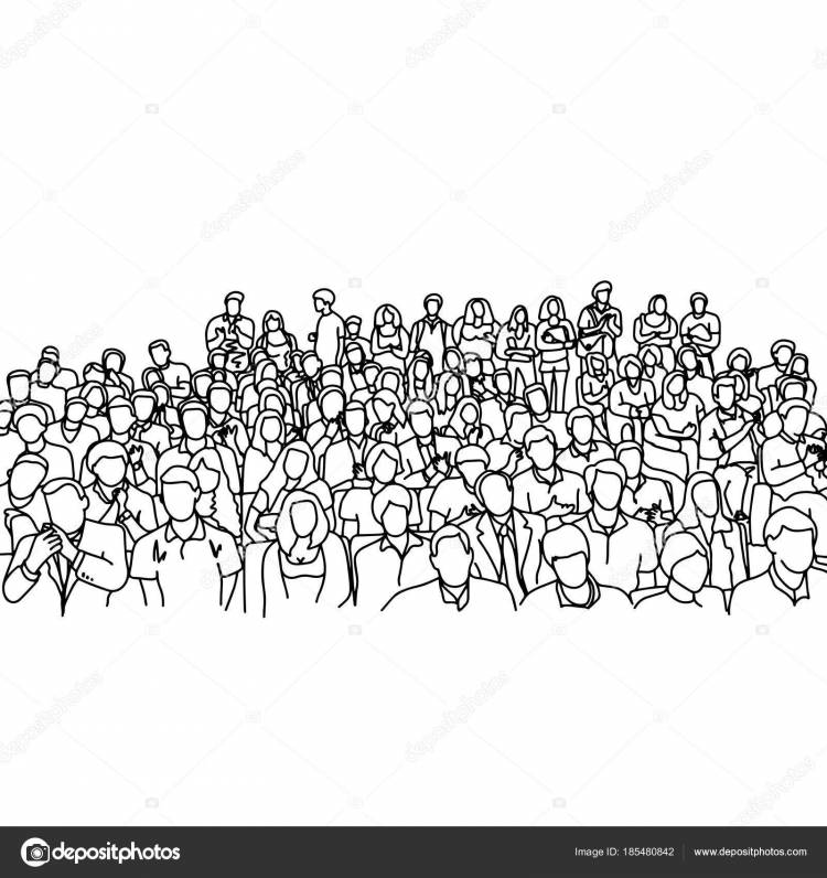 Толпа людей в зале совещания наклона векторной иллюстрации набросок руки, нарисованной черными линиями, изолированные на белой спинке Векторное изображение ©a