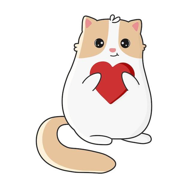 Милый кот с сердцем в мультяшном стиле векторные иллюстрации, изолированные на белом фоне
