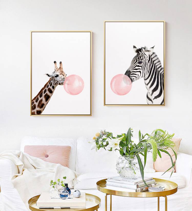 Мультфильм пузырь Жевательная резинка жираф зебра животное постер Холст Искусство Живопись стены Искусство Декор для детской комнаты