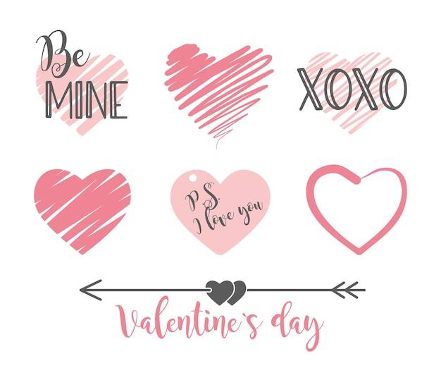 Стилизованные сердечки, нарисованные вручную розовые сердечки с надписями be mine xoxo i love you
