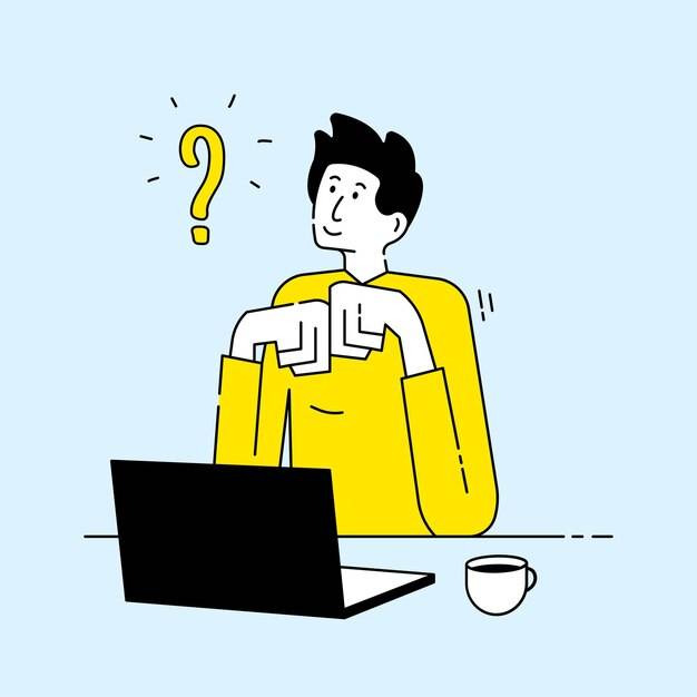 Человек, думающий с ноутбуком и символом вопроса, нарисованный вручную персонаж мультфильма плоская линия иллюстрации