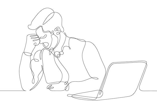 Непрерывный рисунок линии думающий человек бизнесмен за ноутбуком