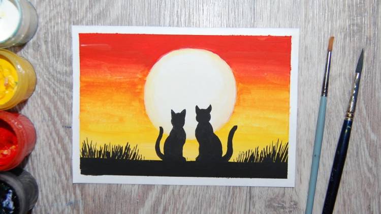 Как нарисовать котиков на закате гуашью