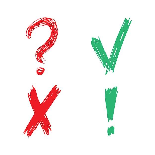 Нарисованный вручную контрольный крест вопросительный знак и восклицательный знак символы набор из четырех зеленых и красных символов эскиза векторная иллюстрация