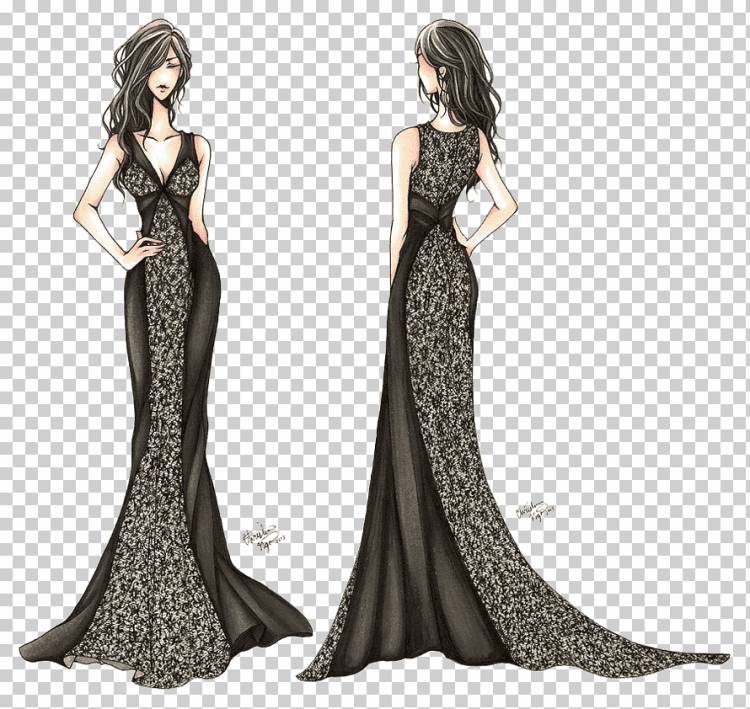 Fashion Drawing Clothing Dress Sketch, Черное платье дизайнерский проект, чёрные волосы, чёрный белый, девушка png