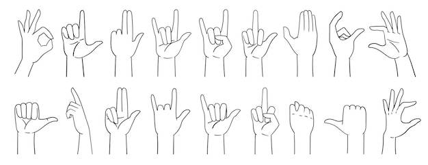 Различные жесты рук, знаки руки, нарисованные рукой с линией