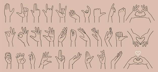 Большой набор различные жесты рук знаки рука нарисованные с линией векторная иллюстрация изолированы