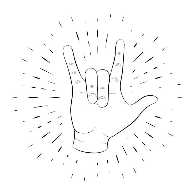Жест рукой, рок-н-ролл пальцев, нарисованный от руки, контур, на фоне линейных лучей