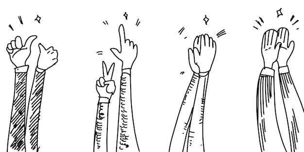 Рука нарисованные эскиз стиля аплодисментов, палец вверх жест