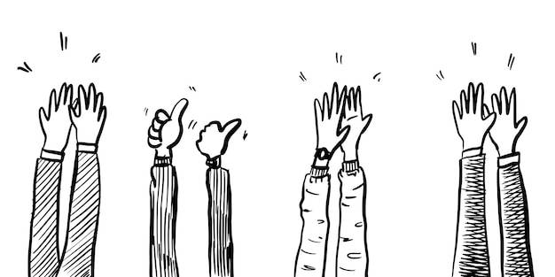 Рука нарисованные эскиз стиля аплодисментов, палец вверх жест