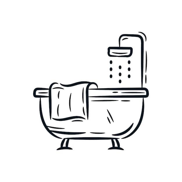 Ванна, ванная комната, душ, полотенце, нарисованный вручную эскиз линии, рисующий векторную иконку иллюстрации шаржа