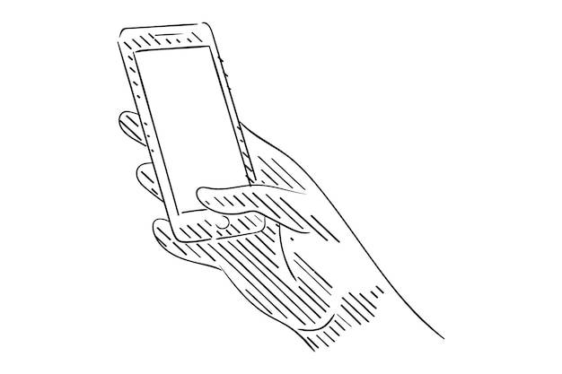 Эскиз руки, держащей смартфон и касающейся экрана большим пальцем нарисованная рукой иллюстрация дизайна