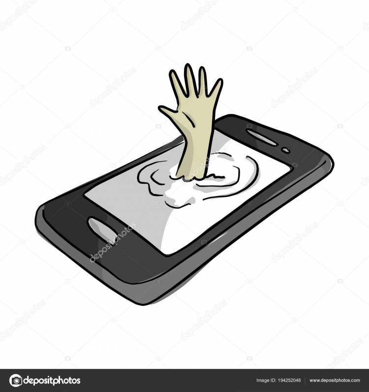 Рука человека тонет в векторной иллюстрации мобильного телефона эскиз рисунок каракули рукой с черными линиями, изолированными на белом фоне