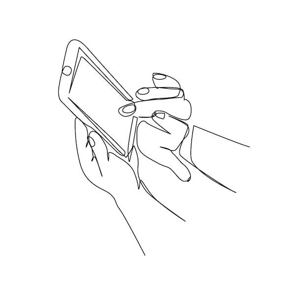 Рука рисует одну линию, касаясь телефона смартфона непрерывное рисование рук с помощью мобильного телефона
