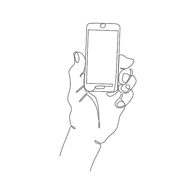 Непрерывное рисование рук с помощью мобильного телефона одна линия рисует руку, держащую телефонный смартфон