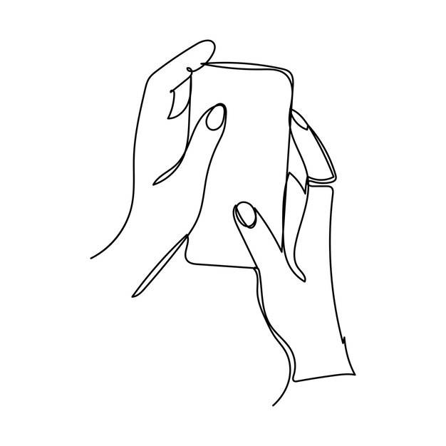 Рисование одной линии рука держит смартфон мобильный телефон устройство связи дисплей телефона