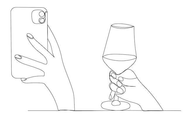 Рука с телефоном и стаканом одна непрерывная линия рисования эскиза