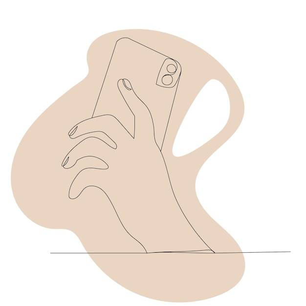 Рука с телефоном один непрерывный вектор рисования линии
