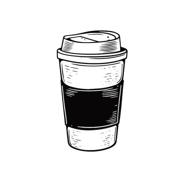 Бумажный стаканчик кофе, чтобы пойти нарисованный вручную черный цветной эскиз в стиле векторного искусства
